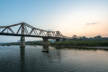 Long Bien bridge in Hanoi, Vietnam at twilight