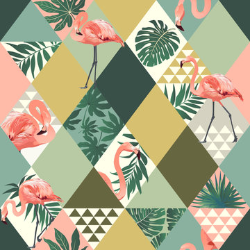 Exotic beach trendy seamless pattern patchwork illustrated floral vector tropical leaves. Jungle pink flamingos print background.