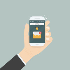 Hand holding smartphone and touching screen with text messaging.Smartphone with new message on screen.Chat,SMS,Instant messaging.Mobile messenger sign.Web banners.Smartphone message icon.