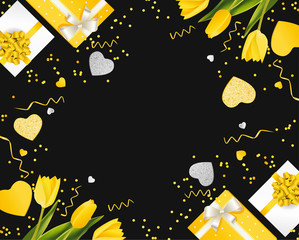 Fototapeta na wymiar Banner for the International Women's Day. March 8 with the decor of flowers and presents. Invitations with the number 8 in the black yellow style with a pattern of spring flowers