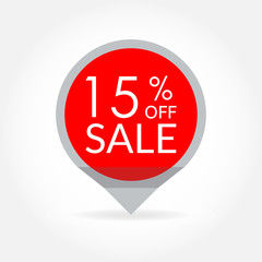 Sale and discount pointer or sticker. 15 percent price off tag icon. Vector illustration.
