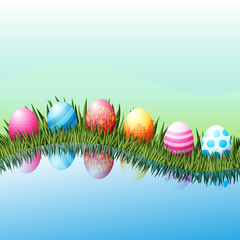 Easter eggs lie in green grass. Realistic 3d, colored with a lacy pattern. For congratulations and banners. Reflection in water.The vector illustration.