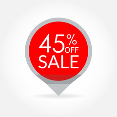 Sale and discount pointer or sticker. 45 percent price off tag icon. Vector illustration.
