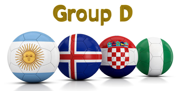 Group D represented by classic soccer balls painted with the flags of the countries