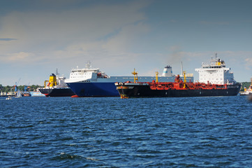 Ships at anchor in the Bay of Kiel, Baltic Sea, Germany