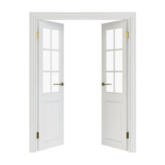 Double-leaf doors with glass. Interior doors isolated on white background. 3D rendering.