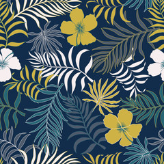 Tropical background with palm leaves and flowers. Seamless floral pattern. Summer vector illustration