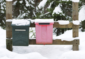 Two mailboxes in a wintery forest with blank empty signs
