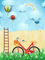 Surreal background with balloons, stair and bike