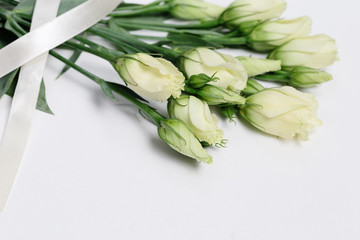 Fototapeta premium White blooming rose buds on white background with copy space. Tender roses and ribbon.