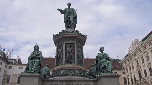 Architecture of the Austro-Hungarian Empire. Monument of the Kaiser Franz 1 in the Old City of Vienna. Dolly Shot