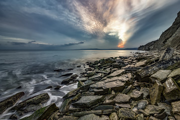 Magnificent sunset view from the rocky Black sea coast, Bulgaria