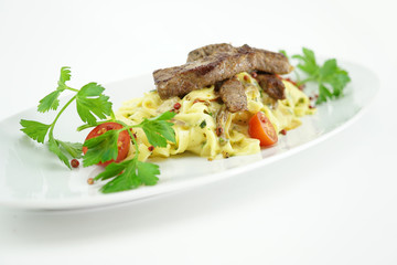 Meat with spaghetti and tomato