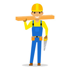 Vector carpenter with wooden boards and a saw.
