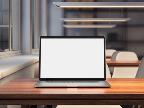 Laptop with blank screen on the wooden table. 3d rendering