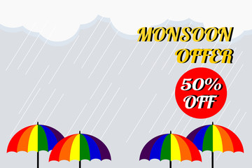 Vector illustration of colorful umbrella in rainy season. There are word 'Monsoon offer 50% off', use for web banner, poster or flyer. Picture with copy space for marketing and advertising