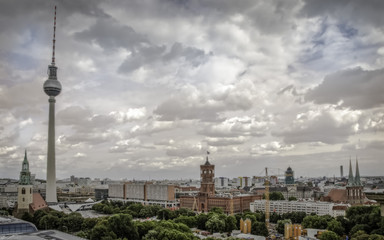 View of the centre of Berlin from the top of the main cathedral, cloudy sky