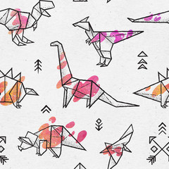 Ink origami dinosaurs with abstract colorful splash seamless pattern. Fun design for background,...