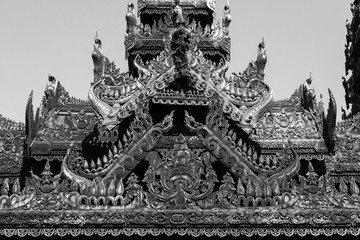 Detail of a wooden temple with beautiful carvings in Bagan, Myanmar