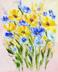 Hand painted modern style yellow and blue flowers. Spring flower seasonal nature background. Oil painting floral texture