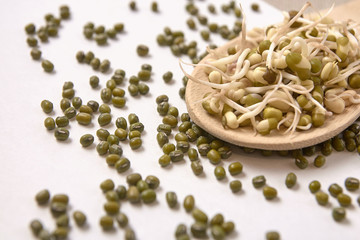 Healthy food. Green beans. Wooden spoon. Fresh sprouts