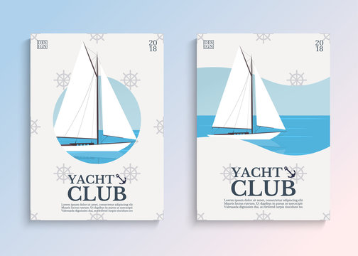 Yacht club. Sailboat in the open sea. Template for covers, card or poster. Vector illustration.