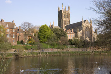 Fototapeta na wymiar England, Worcestershire, Worcester, River Severn, Cathedral in spring sunshine