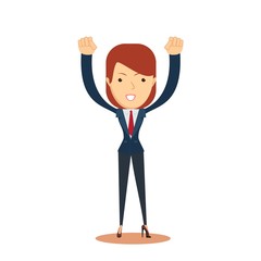 full length illustration of a young business woman cheering with her hands in the air. on white background. Stock flat vector illustration.