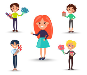 Redhead Girl in Full Skirt and Boys with Gifts