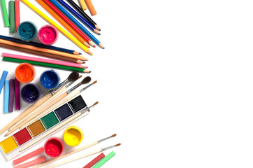 Accessories for drawing. Brushes, paints, colored pencils, chalk. Flat top viev