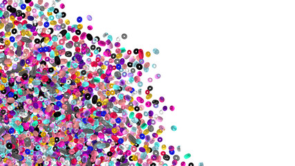 Beads background. Fashion accessory. Handmade craft. Glass beads top view. Sequins. Heap of gems. Rhinestones. Realistic illustration. 3d rendering. Jewelry making.