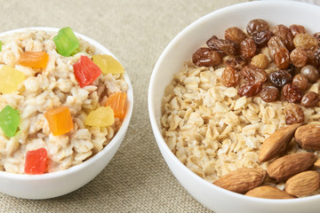 Oatmeal with almonds and raisins. Porridge with dried fruits