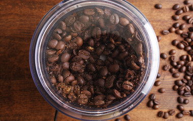coffee beans in an electric coffee grinder