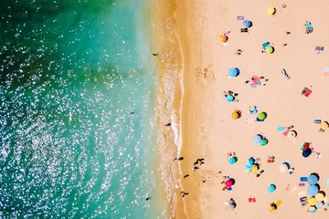 Acrylic prints Aerial photo Aerial View From Flying Drone Of People Crowd Relaxing On Beach In Portugal