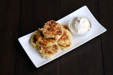 Close up Homemade   Potato Cakes with Cream Cheese Dips. (selective Focus)