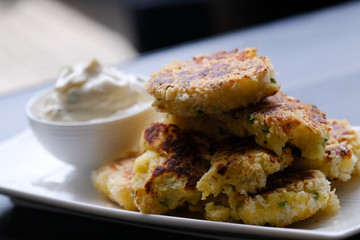 Close up Homemade   Potato Cakes with Cream Cheese Dips. (selective Focus)