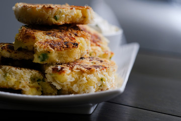 Close up Homemade   Potato Cakes with Cream Cheese Dips. (selective Focus)