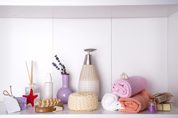 Spa and wellness setting with towels. Dayspa nature products