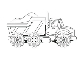 Truck with Sand Side View Coloring Book. Line Art.