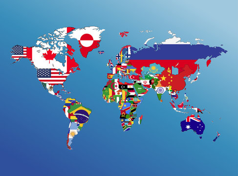 World map geography and nation flag America Europe Asia Africa with blue background,Paper art style