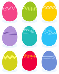 Simple vector illustration of colorful flat design easter eggs with geometric pattern designs isolated on white background