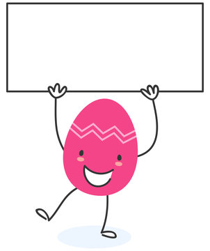 Simple vector illustration of a colorful flat design easter egg cartoon character holding up blank billboard isolated on white background