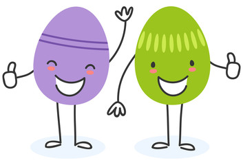 Simple vector illustration of two flat design easter egg cartoon character giving thumbs up isolated on white background