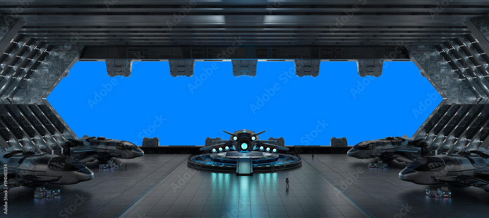 Poster llanding strip spaceship interior isolated on blue background 3d rendering