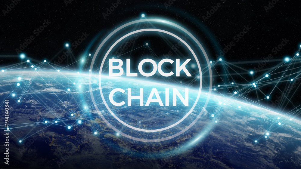 Poster blockchain on planet earth 3d rendering