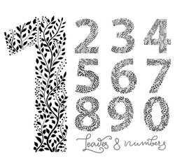 Set of numbers from one to ten, made with hand drawn leaves