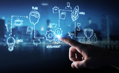 Businessman using manuscript project presentation with his hand