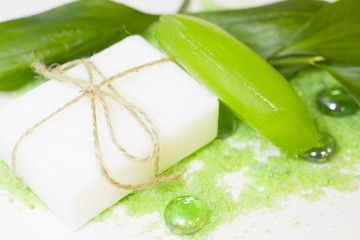 Spa concept with green bath salt