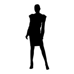 Business woman standing in formal dress, skirt and jacket. Isolated vector silhouette