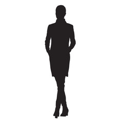 Business woman in jacket with hands in her pockets walking, isolated vector silhouette, front view